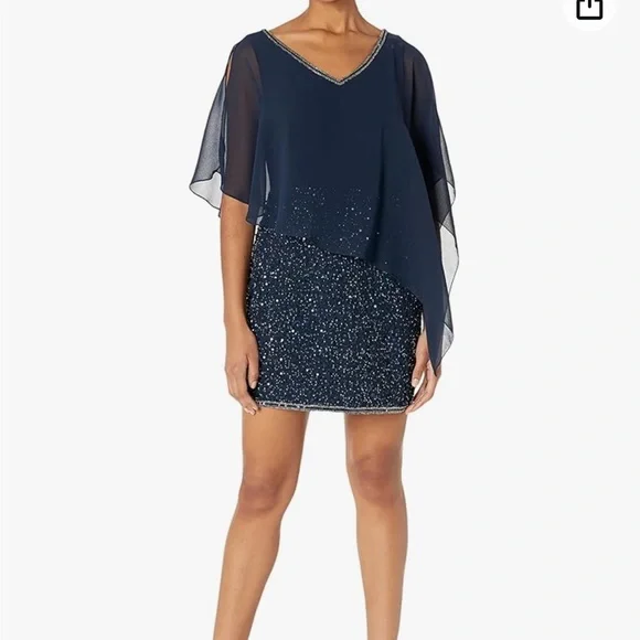 jkara navy beaded dress J Kara Womens 3/4 Sleeve V-Neck Beaded Faux Wrap Long Dress Teal Blue   Biggybargains